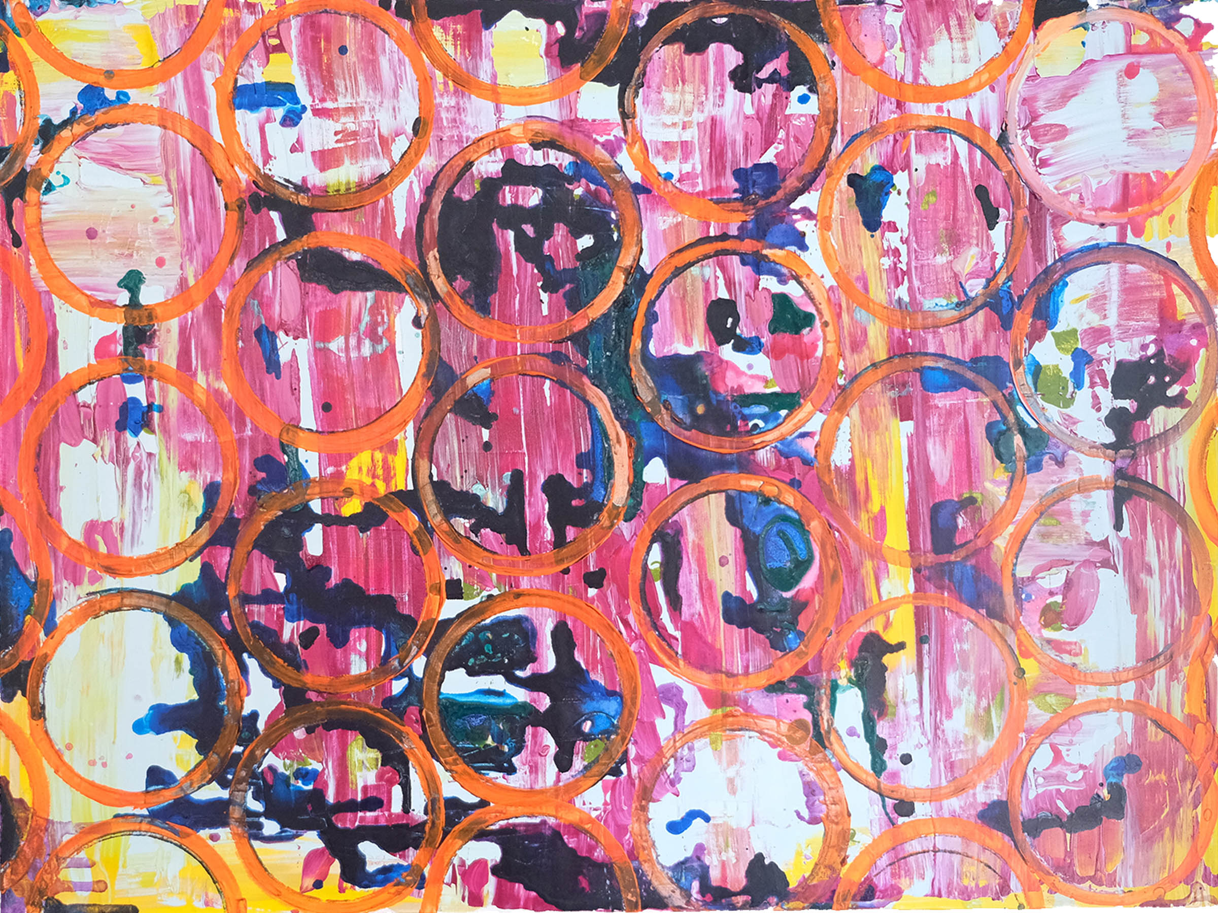 Untitled pink orange and blue painting with circles and drips by Caitlin Wheeler Art June 2018